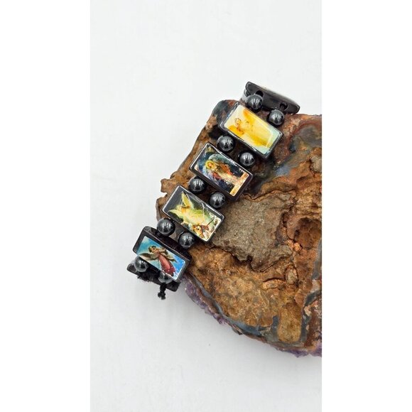 Vintage Religious Icon Angels Saints Beaded Hematite Bracelet Set of 2 - Picture 4 of 5